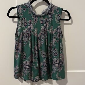 Sea New York Silk Green Pattern Top with Fringe Collar